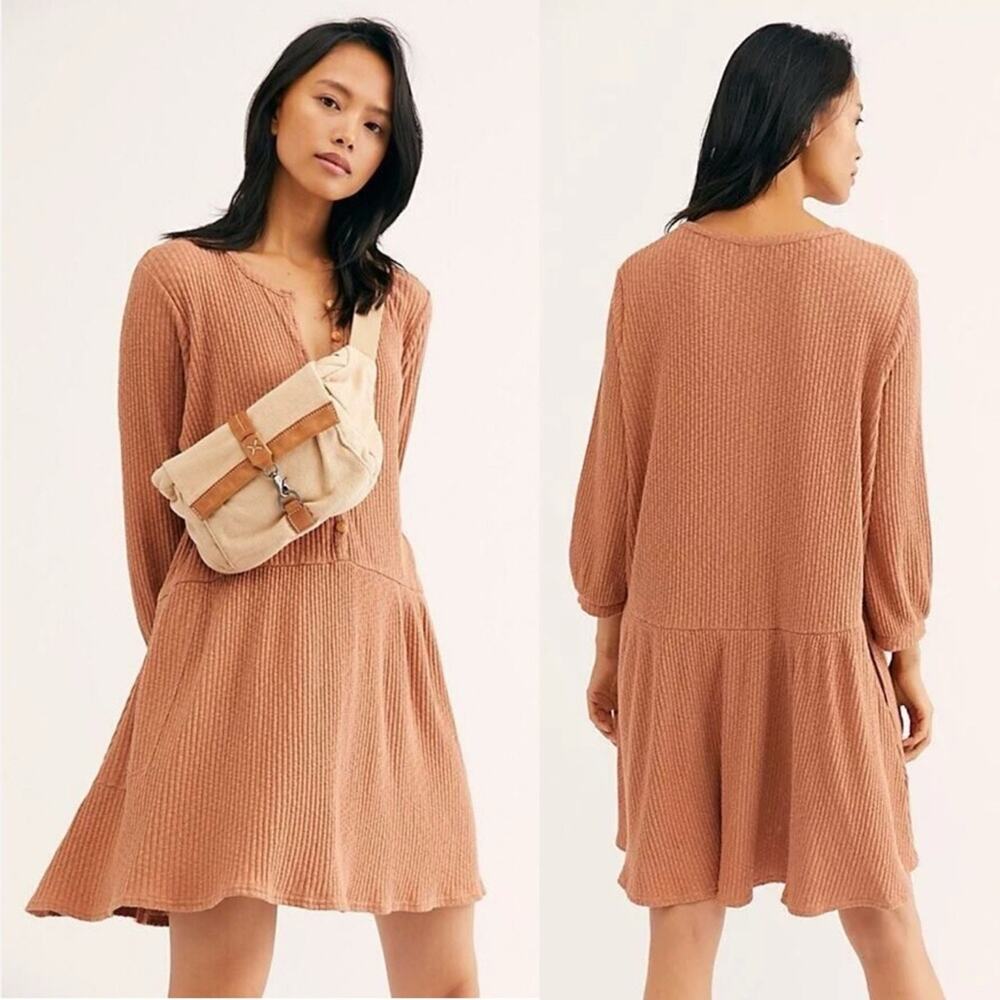 Free People Beach Blossom mini Dress Henley ribbed boho cottage core peach Sz S